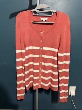 Time and Tru Coral Pink and White Striped Button-Front Cardigan